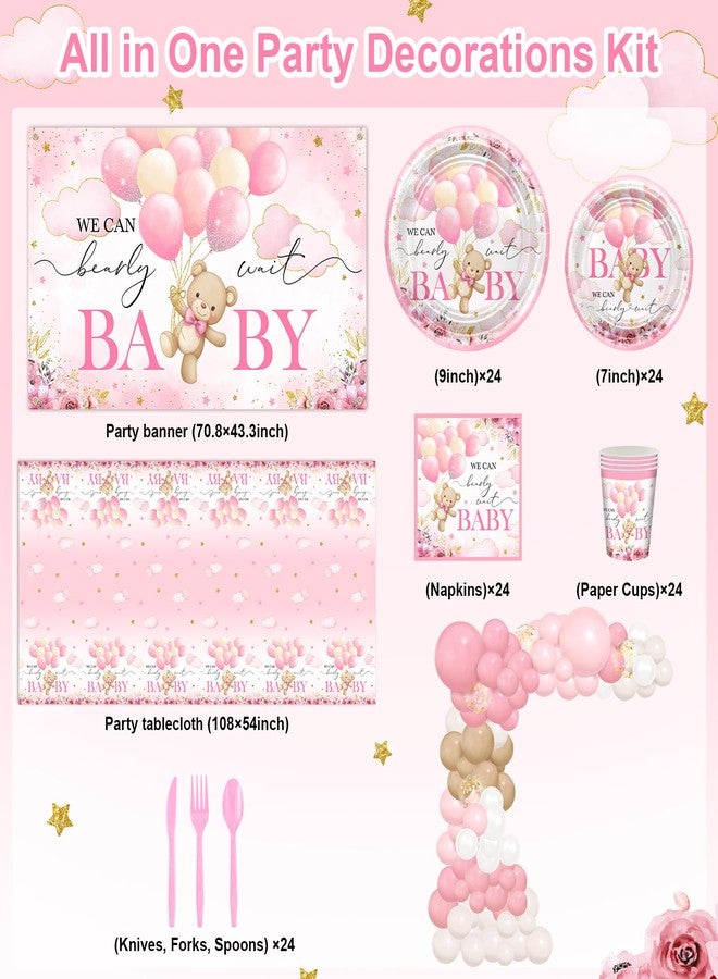 Lecheme 270 Pcs Pink We Can Bearly Wait Baby Shower Decorations: Bear Baby Shower Banner Disposable Bear Plates Napkins Cups Tablecloth Balloons for Girl, Serve 24 - Image 2